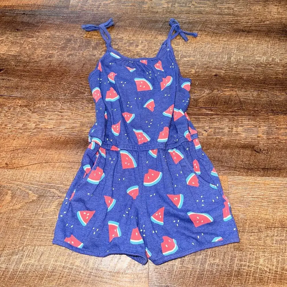 Cat & Jack Girls Watermelon Print Spaghetti Strap Romper Blue Size M 7/8